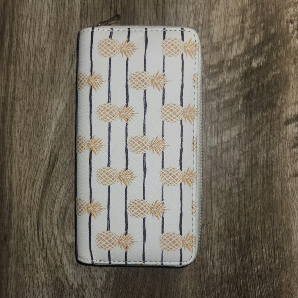 White Pineapple Print Zip Around Wallet Gold Tropical Stripe Accordion Clutch